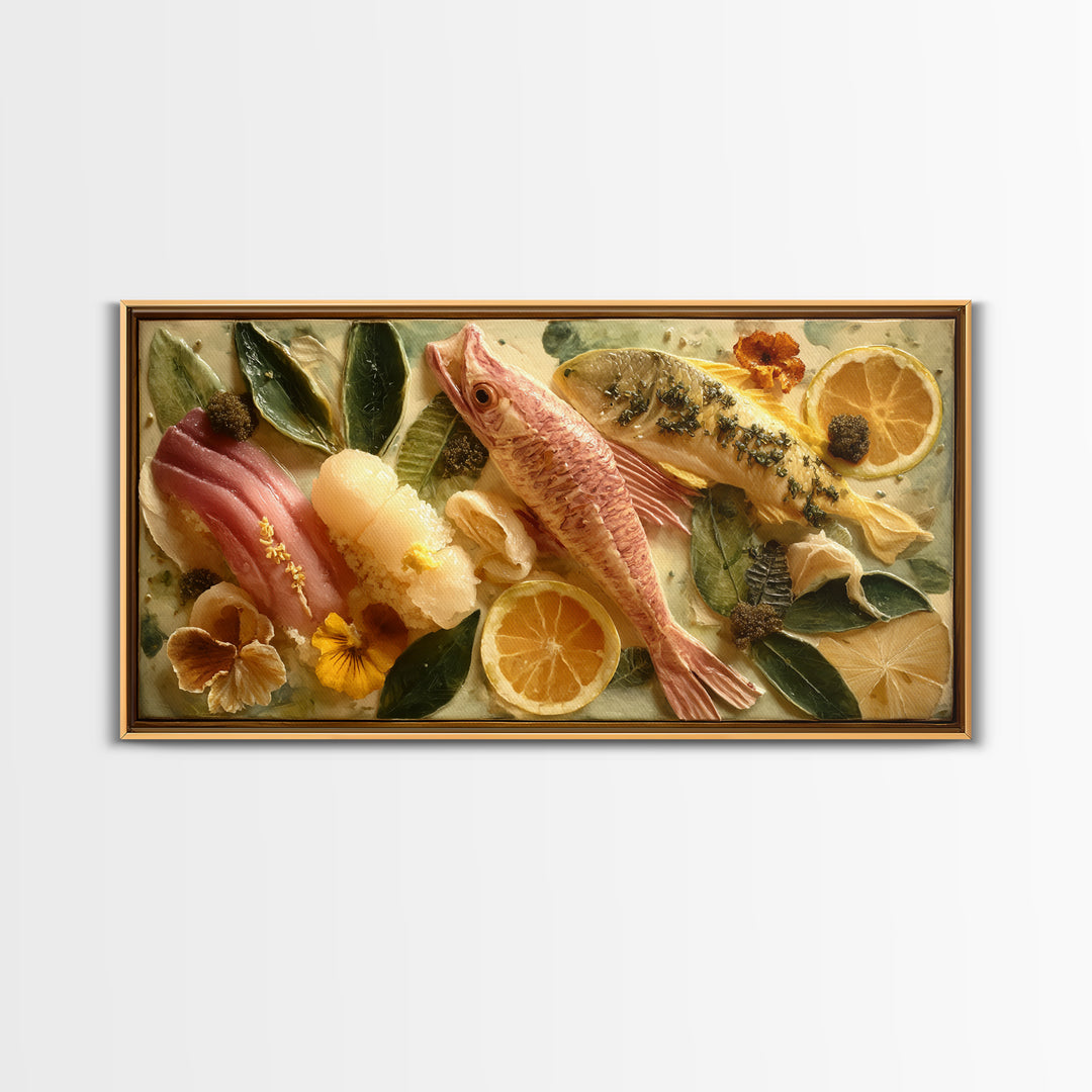 Sushi Fish and Ceramic Plate Composition Framed Canvas Print, Restaurant Art, Large Wall Art, Restaurant Decor, Bistro, RES-2x1-25