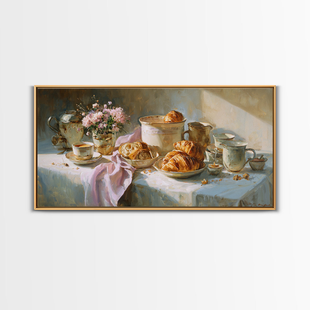 French Bistro Coffee and Croissant Still Life Canvas Print, Restaurant Art, Restaurant Decor, Abstract Art, Bistro, RES-2x1-26