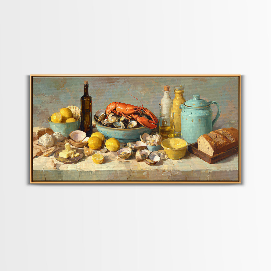 Seafood Lobster and Shell Arrangement Framed Canvas Print, Restaurant Art, Contemporary Art, Restaurant Decor, Fine Art, Bistro, RES-2x1-28