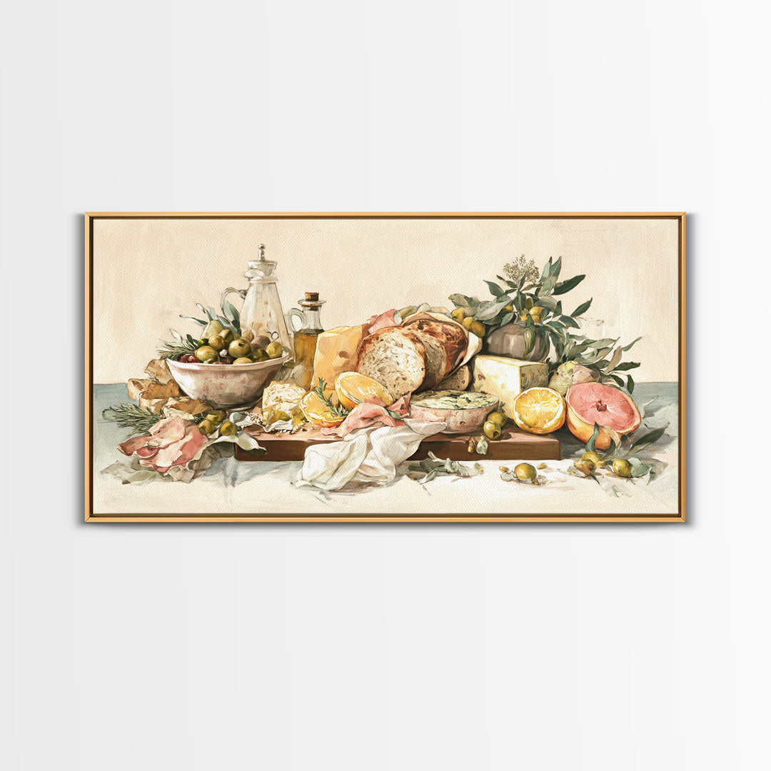Mediterranean Olives Bread and Cheese Board Canvas Print, Restaurant Art, Framed Wall Art, Restaurant Decor, Bistro, Food Art, RES-2x1-29