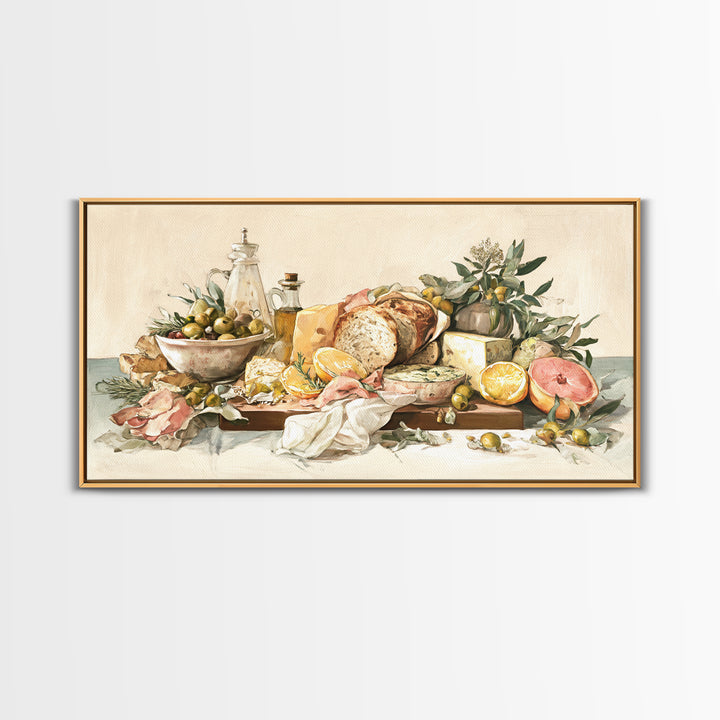 Mediterranean Olives Bread and Cheese Board Canvas Print, Restaurant Art, Framed Wall Art, Restaurant Decor, Bistro, Food Art, RES-2x1-29