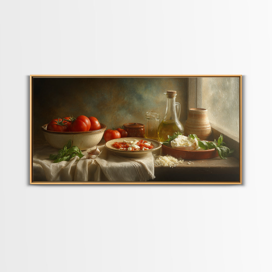 Pizzeria Tomato Basil and Mozzarella Still Life Canvas Print, Restaurant Art, Minimalist Decor, Restaurant Decor, Bistro, RES-2x1-30