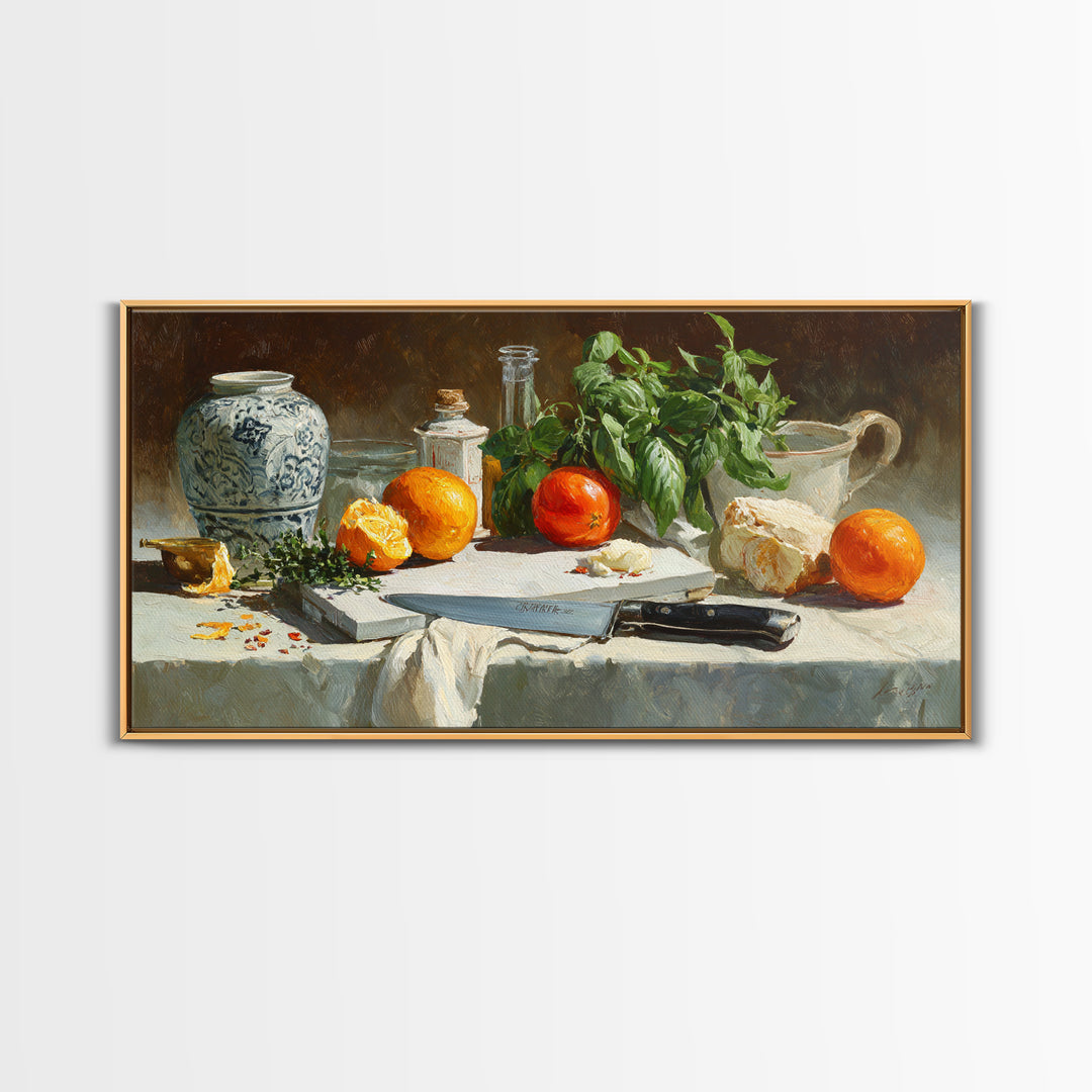 Chef Knife Herbs and Cutting Board Still Framed Canvas Print, Restaurant Art, Art Print, Restaurant Decor, Fine Art, Bistro, RES-2x1-33
