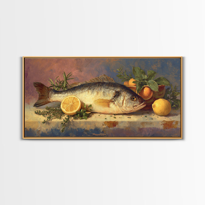 Fresh Fish with Lemon and Herbs Framed Canvas Print, Restaurant Art, Large Wall Art, Restaurant Decor, Fine Art, Bistro, RES-2x1-43