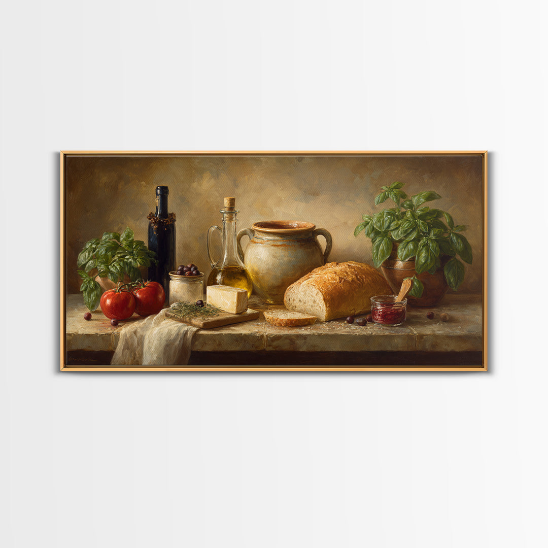 Mediterranean Olives Bread and Cheese Board Canvas Print, Restaurant Art, Framed Wall Art, Restaurant Decor, Bistro, Food Art, RES-2x1-5