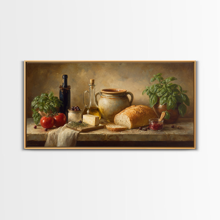 Mediterranean Olives Bread and Cheese Board Canvas Print, Restaurant Art, Framed Wall Art, Restaurant Decor, Bistro, Food Art, RES-2x1-5