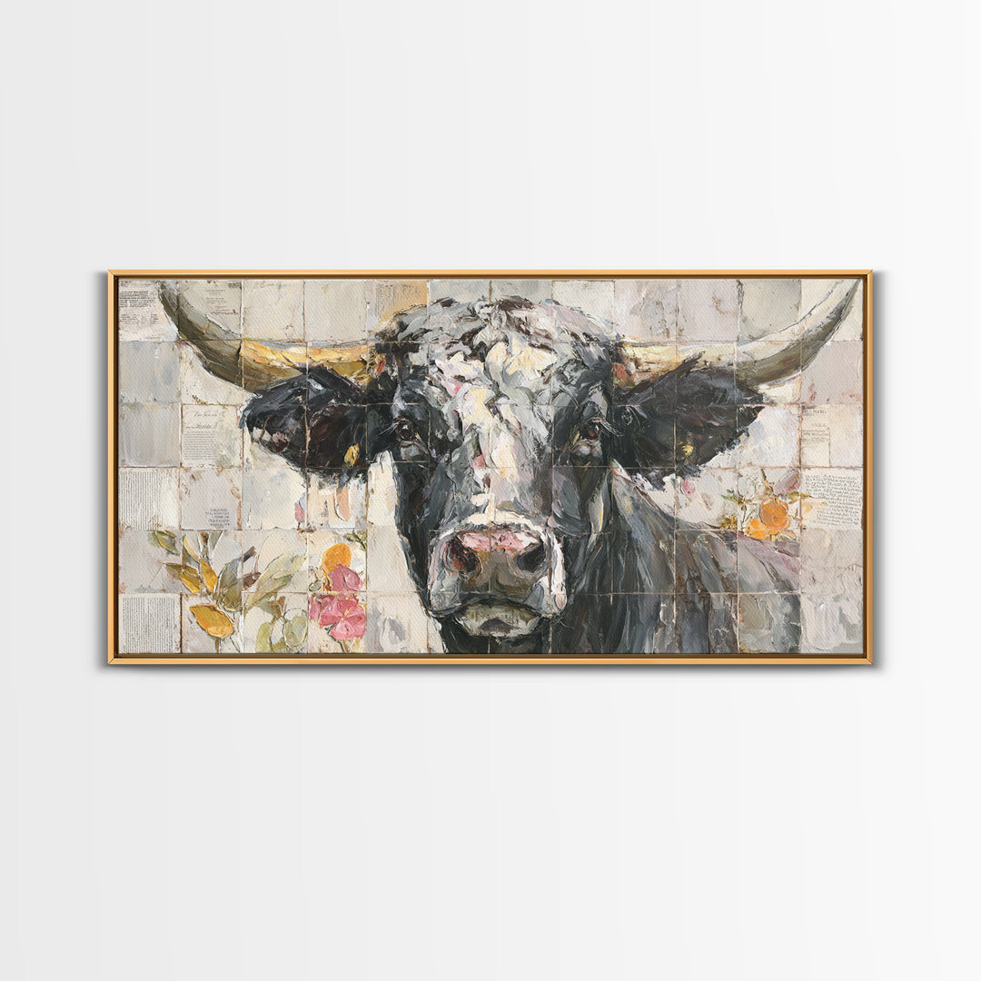 Steakhouse Black and Gold Bull Portrait Framed Canvas Print, Restaurant Art, Farmhouse Decor, Restaurant Decor, Bistro, RES-2x1-51