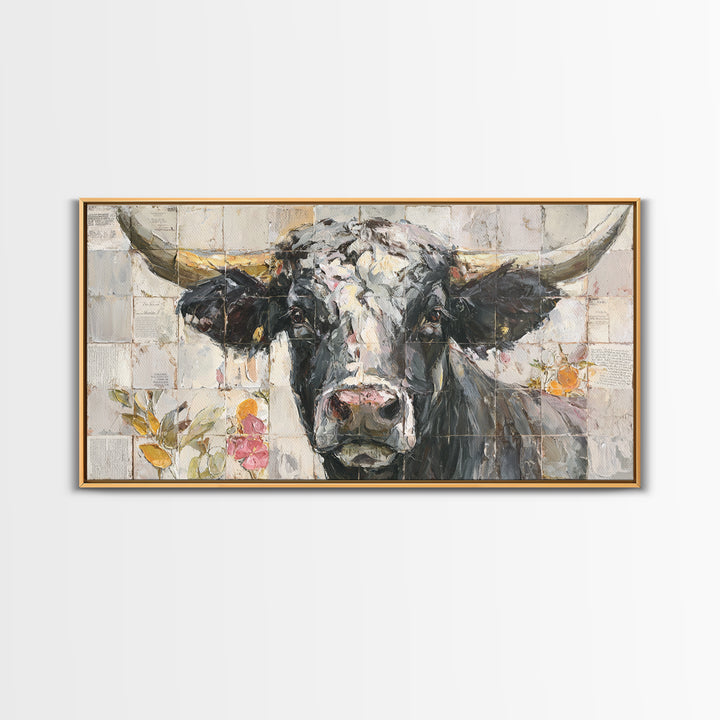 Steakhouse Black and Gold Bull Portrait Framed Canvas Print, Restaurant Art, Farmhouse Decor, Restaurant Decor, Bistro, RES-2x1-51