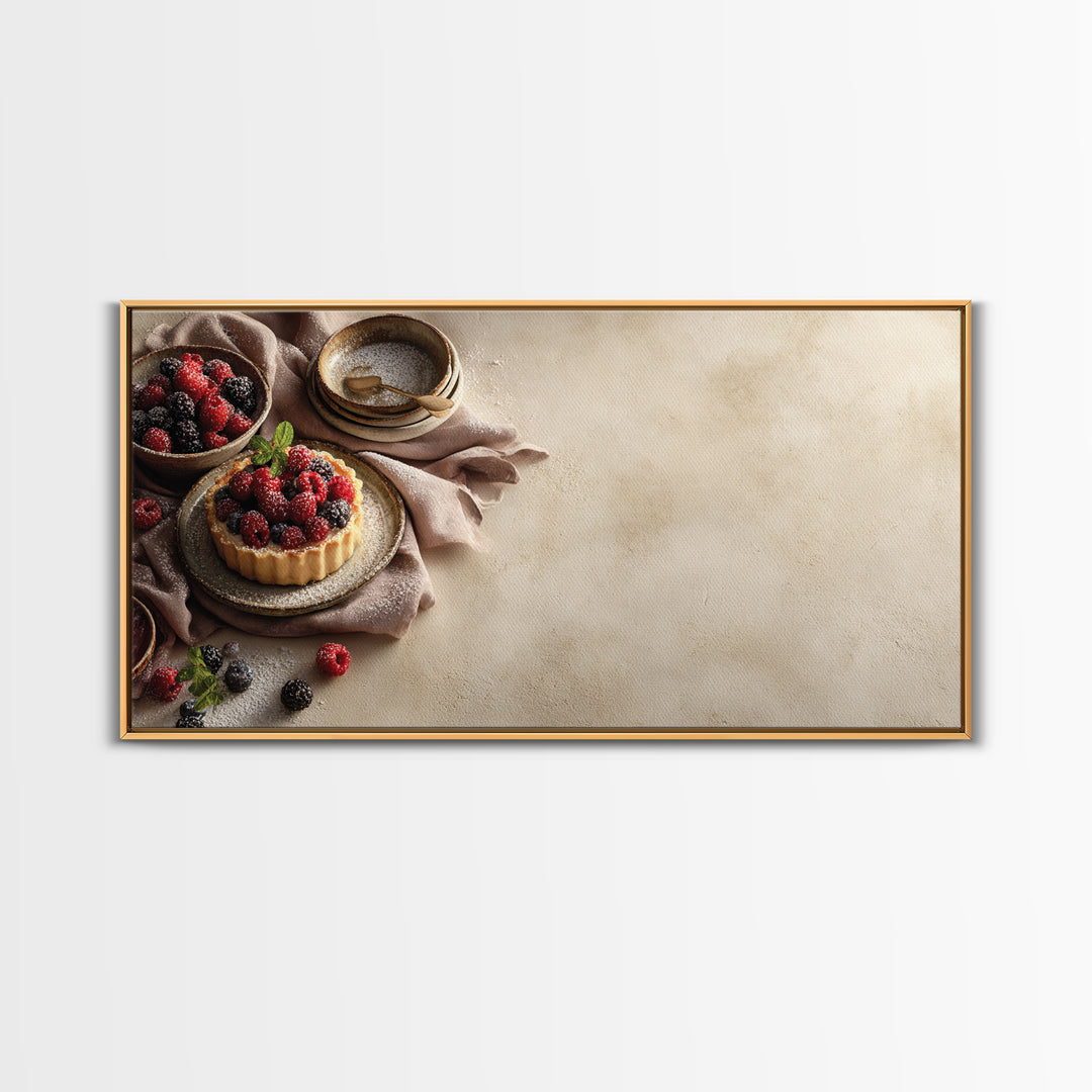 Dessert Tart with Berries and Cream Framed Canvas Print, Restaurant Art, Restaurant Decor, Oil Painting, Bistro, RES-2x1-60