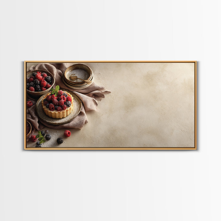 Dessert Tart with Berries and Cream Framed Canvas Print, Restaurant Art, Restaurant Decor, Oil Painting, Bistro, RES-2x1-60