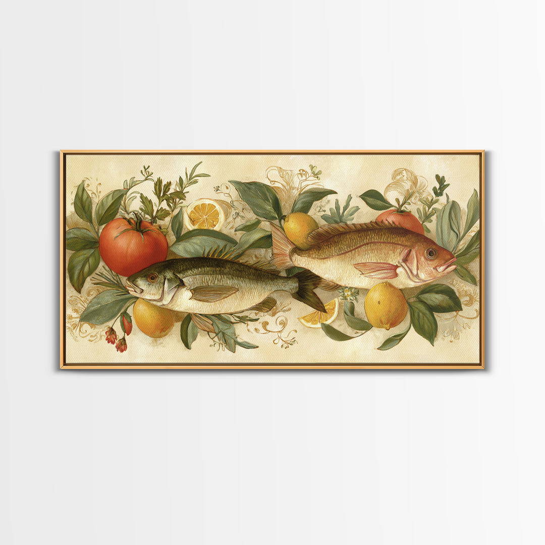 Fresh Fish with Lemon and Herbs Framed Canvas Print, Restaurant Art, Gallery Decor, Restaurant Decor, Fine Art, Bistro, RES-2x1-67