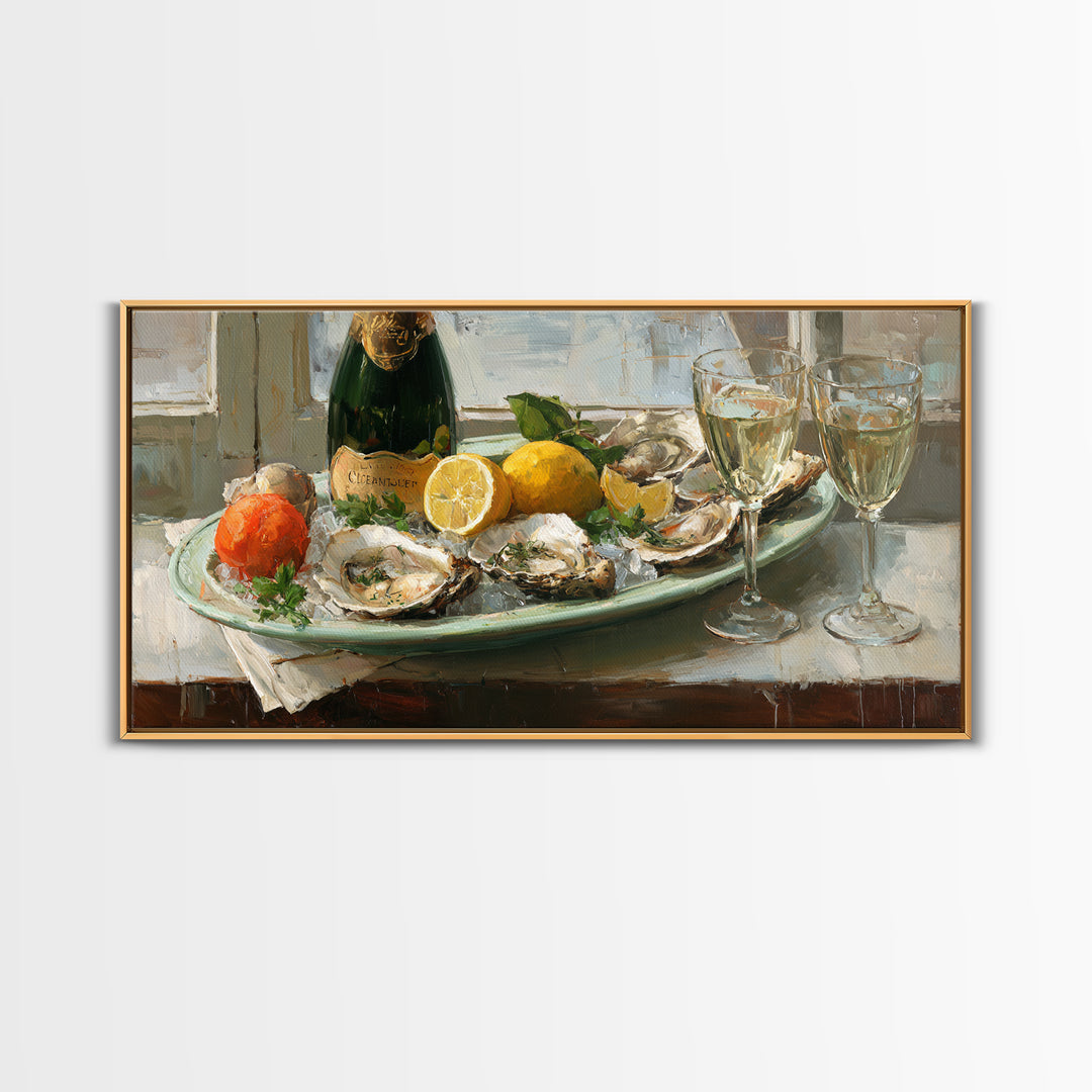 Oyster Platter with Lemons and Champagne Canvas Print, Restaurant Art, Watercolor Art, Restaurant Decor, Abstract Art, Bistro, RES-2x1-71