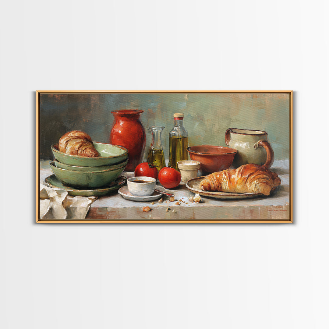 French Bistro Coffee and Croissant Still Life Canvas Print, Restaurant Art, Framed Wall Art, Restaurant Decor, Watercolor Art, RES-2x1-74