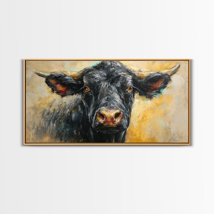 Steakhouse Black and Gold Bull Portrait Framed Canvas Print, Restaurant Art, Room Decor, Restaurant Decor, Oil Painting, Bistro, RES-2x1-75
