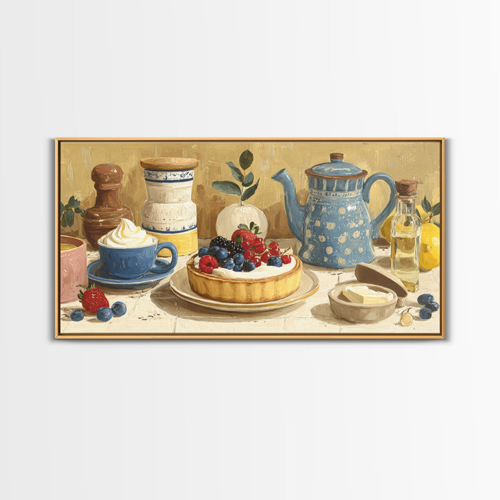 Dessert Tart with Berries and Cream Framed Canvas Print, Restaurant Art, Living Room Decor, Restaurant Decor, Fine Art, Bistro, RES-2x1-84