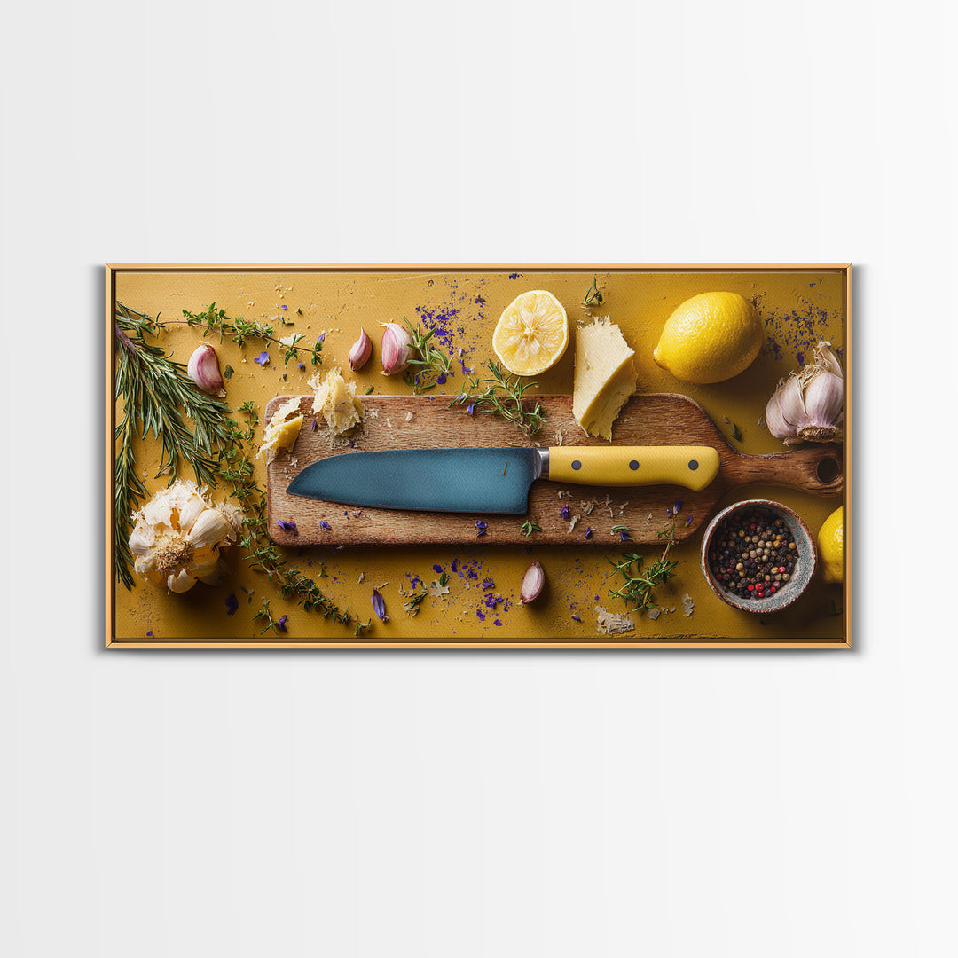 Chef Knife Herbs and Cutting Board Still Framed Canvas Print, Restaurant Art, Art Print, Restaurant Decor, Fine Art, Bistro, RES-2x1-9