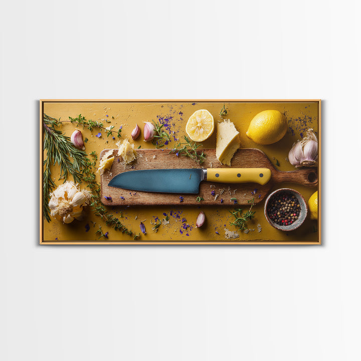 Chef Knife Herbs and Cutting Board Still Framed Canvas Print, Restaurant Art, Art Print, Restaurant Decor, Fine Art, Bistro, RES-2x1-9