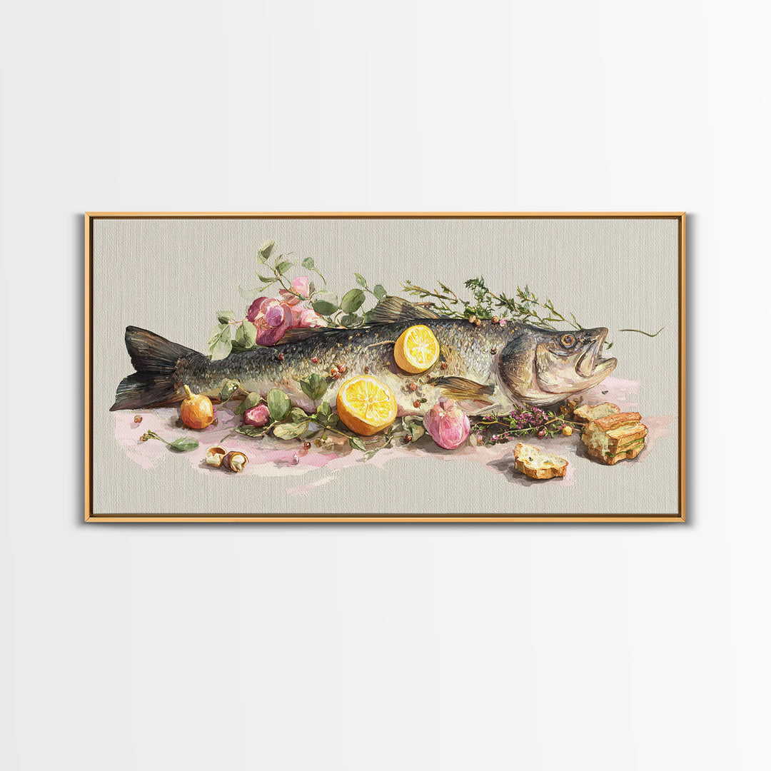 Fresh Fish with Lemon and Herbs Framed Canvas Print, Restaurant Art, Kitchen Decor, Restaurant Decor, Fine Art, Bistro, RES-2x1-91