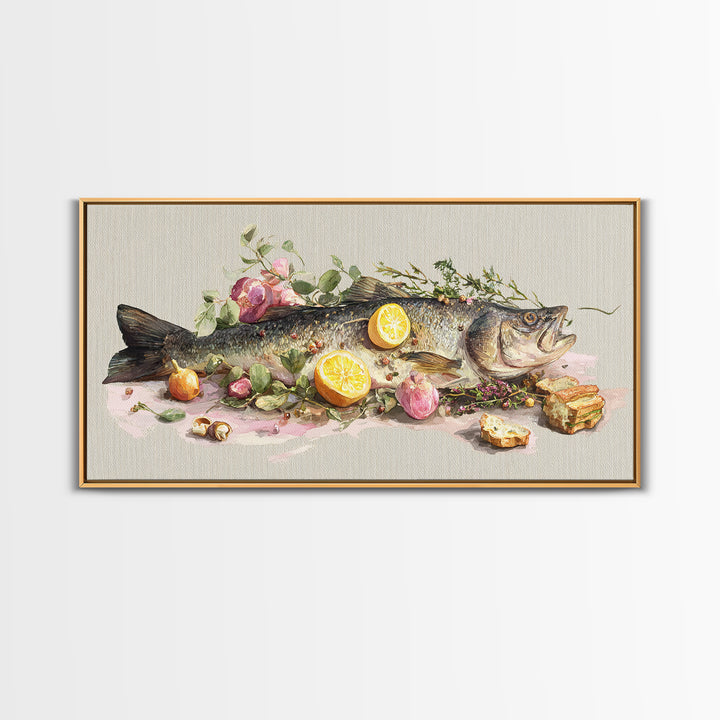 Fresh Fish with Lemon and Herbs Framed Canvas Print, Restaurant Art, Kitchen Decor, Restaurant Decor, Fine Art, Bistro, RES-2x1-91