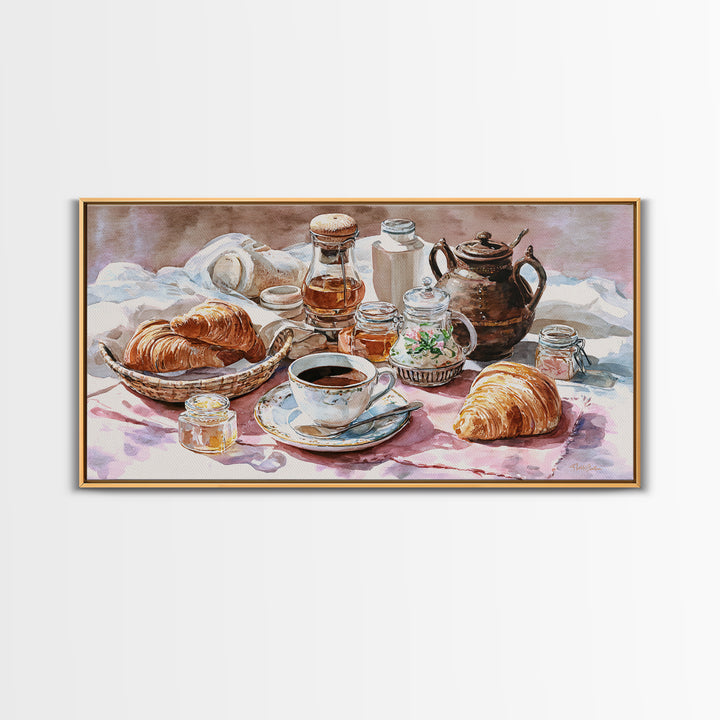 French Bistro Coffee and Croissant Still Life Canvas Print, Restaurant Art, Framed Wall Art, Restaurant Decor, Watercolor Art, RES-2x1-98