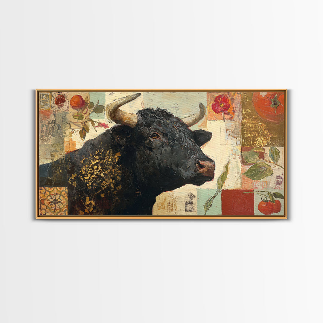 Steakhouse Black and Gold Bull Portrait Framed Canvas Print, Restaurant Art, Living Room Decor, Restaurant Decor, Bistro, RES-2x1-99