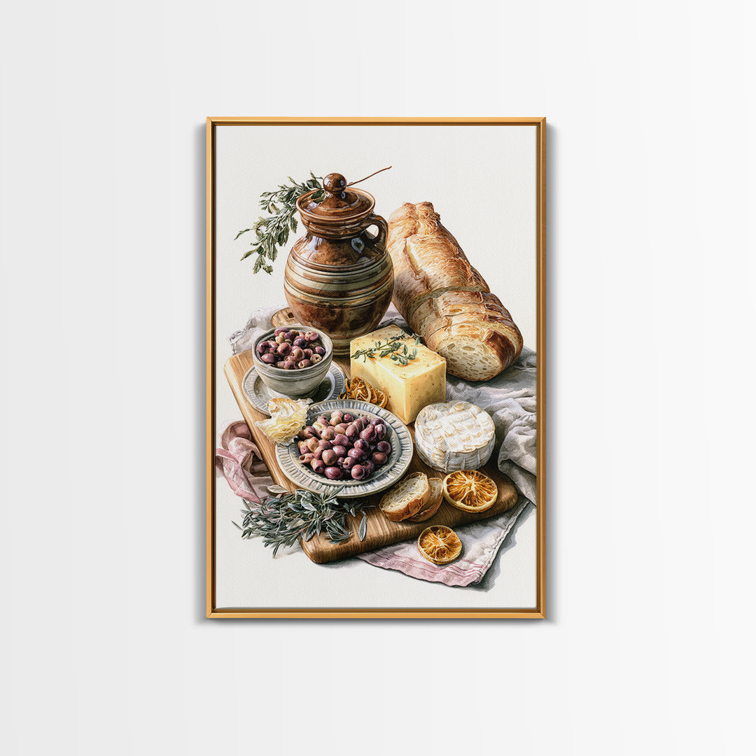 Mediterranean Olives Bread and Cheese Board Canvas Print, Restaurant Art, Kitchen Wall Art, Restaurant Decor, Bistro, RES-2x3-17
