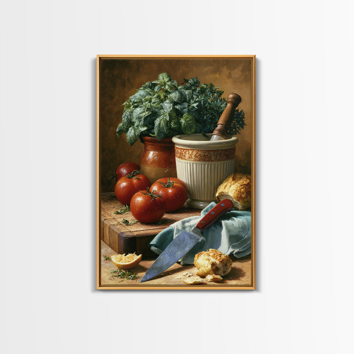 Chef Knife Herbs and Cutting Board Still Framed Canvas Print, Restaurant Art, Restaurant Decor, Oil Painting, Bistro, RES-2x3-21