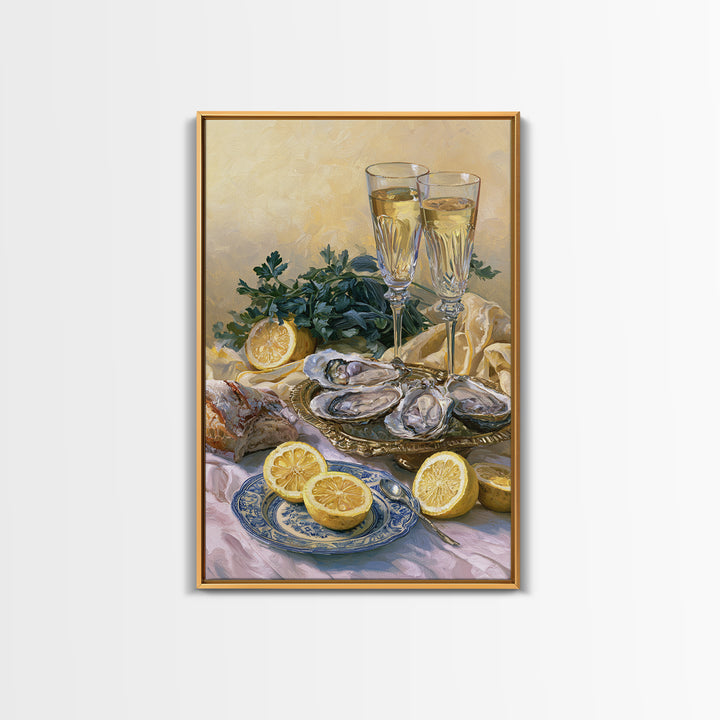 Oyster Platter with Lemons and Champagne Canvas Print, Restaurant Art, Framed Wall Art, Restaurant Decor, Watercolor Art, RES-2x3-35