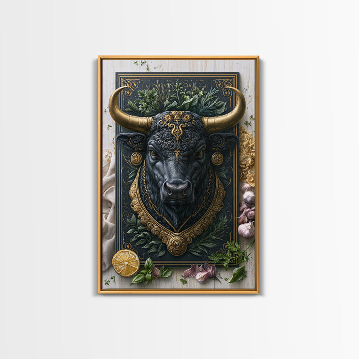 Steakhouse Black and Gold Bull Portrait Canvas Print, Restaurant Art, Canvas Wall Art, Restaurant Decor, Oil Painting, Bistro, RES-2x3-39