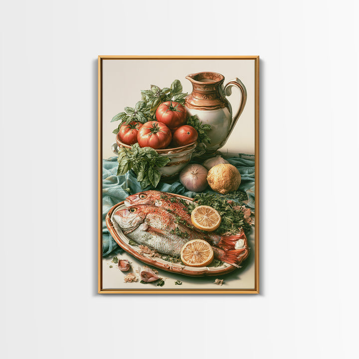 Fresh Fish with Lemon and Herbs Framed Canvas Print, Restaurant Art, Large Wall Art, Restaurant Decor, Fine Art, Bistro, RES-2x3-55