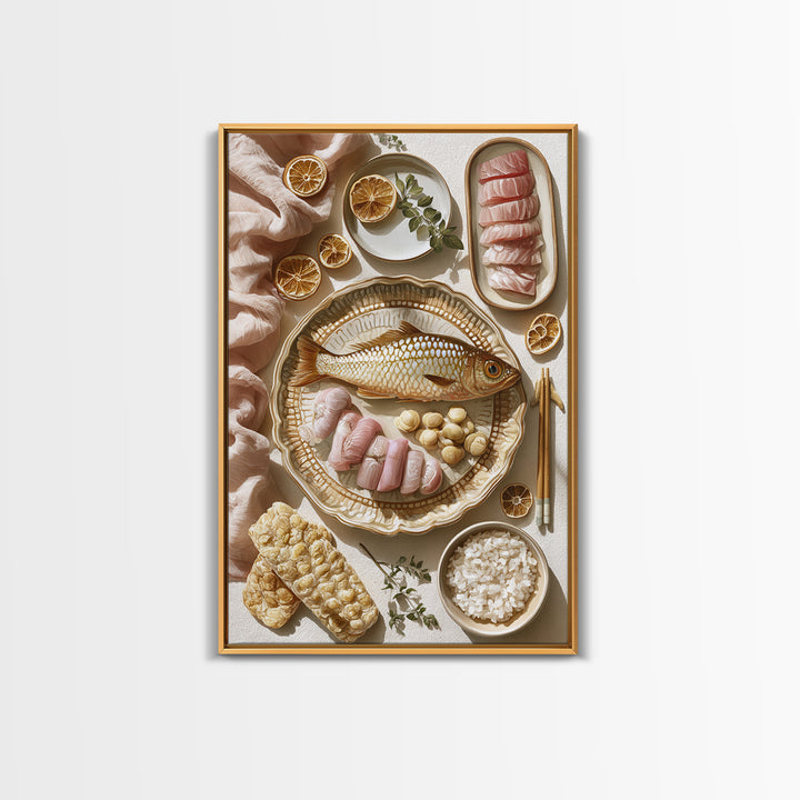 Sushi Fish and Ceramic Plate Composition Canvas Print, Restaurant Art, Kitchen Art, Restaurant Decor, Fine Art, Bistro, RES-2x3-61