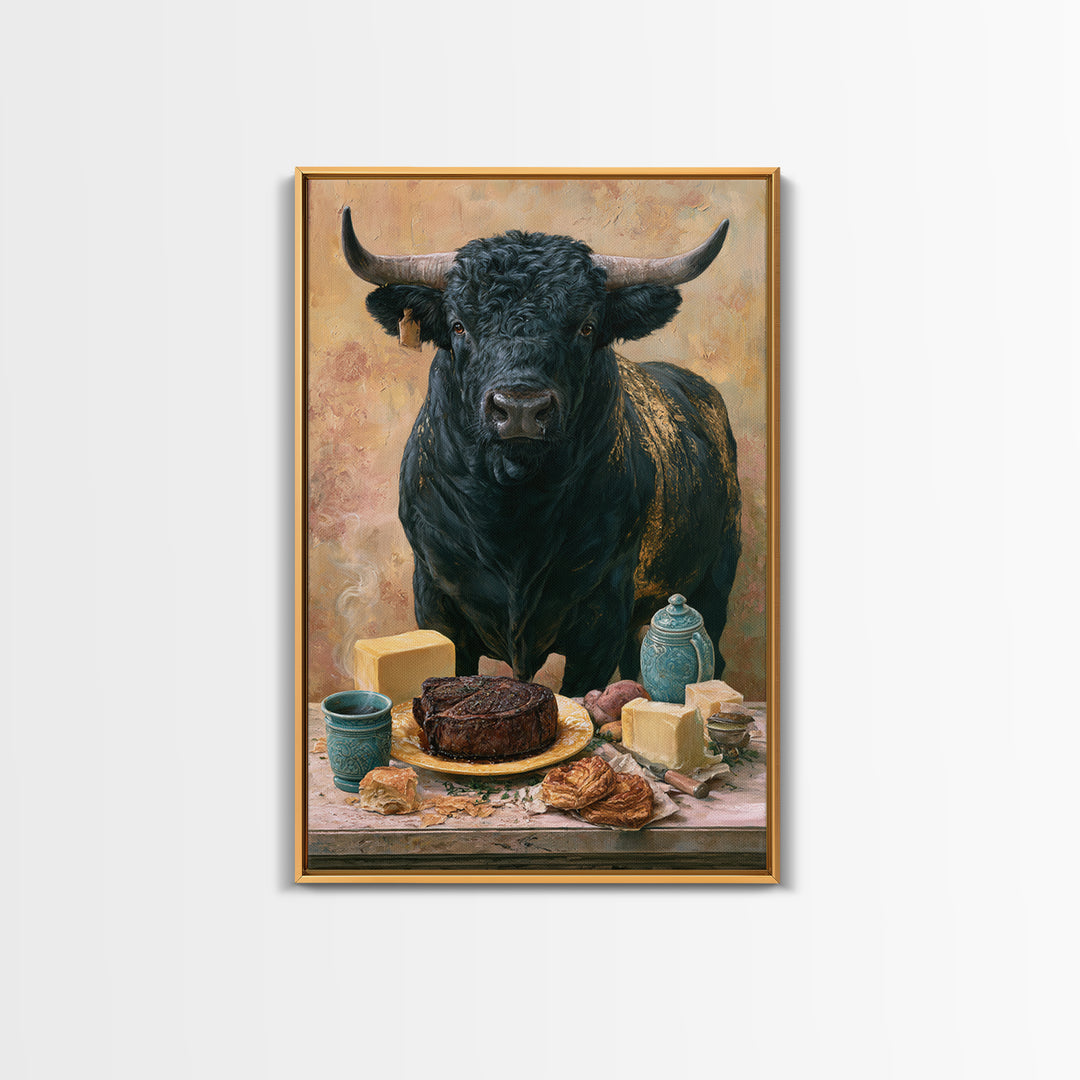 Steakhouse Black and Gold Bull Portrait Framed Canvas Print, Restaurant Art, Farmhouse Decor, Restaurant Decor, Bistro, RES-2x3-63
