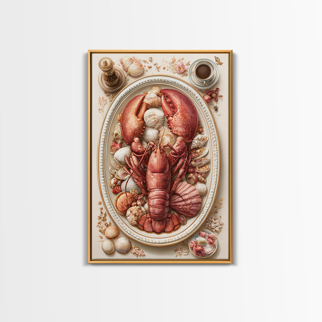 Seafood Lobster and Shell Arrangement Framed Canvas Print, Restaurant Art, Printable Wall Art, Restaurant Decor, Bistro, RES-2x3-64