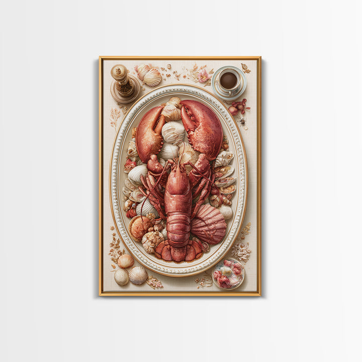 Seafood Lobster and Shell Arrangement Framed Canvas Print, Restaurant Art, Printable Wall Art, Restaurant Decor, Bistro, RES-2x3-64