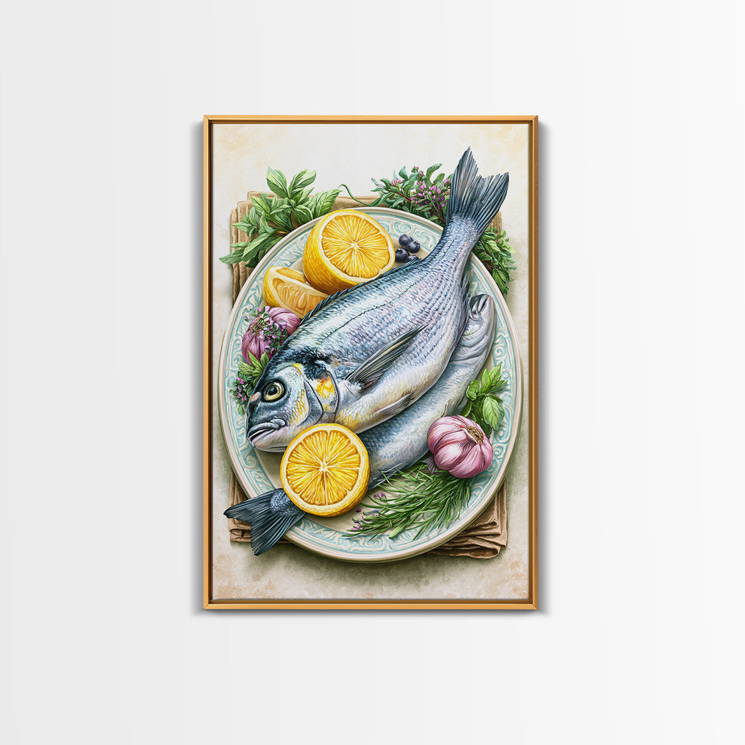 Fresh Fish with Lemon and Herbs Canvas Print, Restaurant Art, Printable Art, Restaurant Decor, Fine Art, Bistro, Watercolor Art, RES-2x3-79