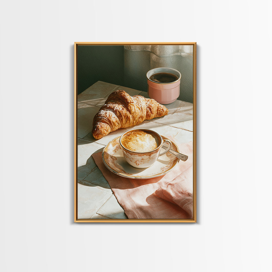 French Bistro Coffee and Croissant Still Life Canvas Print, Restaurant Art, Kitchen Wall Art, Restaurant Decor, Abstract Art, RES-2x3-86