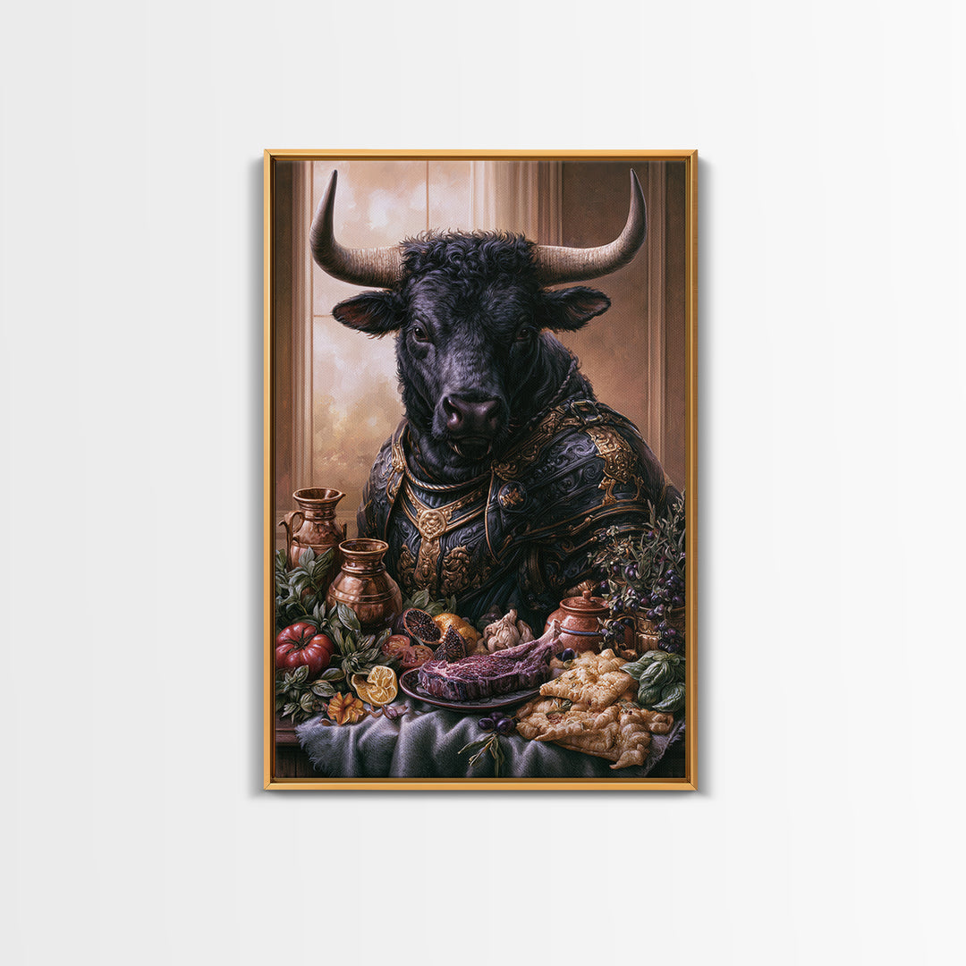 Steakhouse Black and Gold Bull Portrait Framed Canvas Print, Restaurant Art, Stained Glass Art, Restaurant Decor, Bistro, RES-2x3-87
