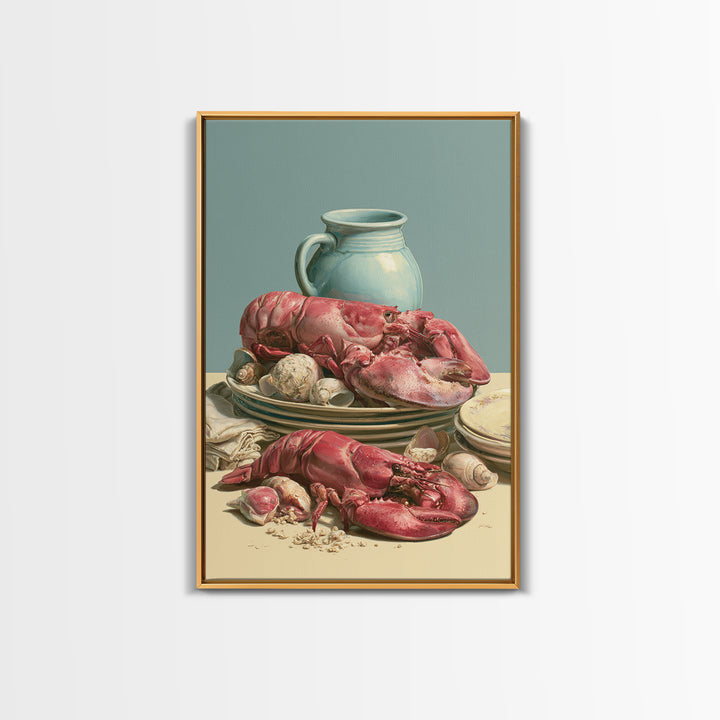 Seafood Lobster and Shell Arrangement Framed Canvas Print, Restaurant Art, Kitchen Art, Restaurant Decor, Fine Art, Bistro, RES-2x3-88