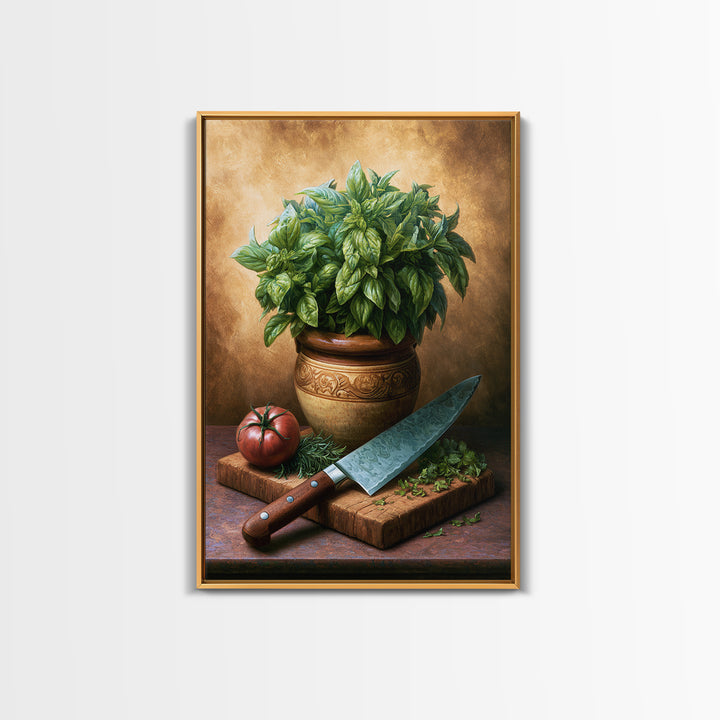 Chef Knife Herbs and Cutting Board Still Framed Canvas Print, Restaurant Art, Living Room Decor, Restaurant Decor, Bistro, RES-2x3-93