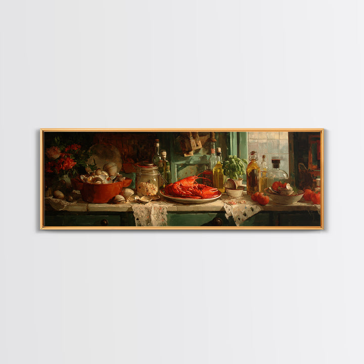 Seafood Lobster and Shell Arrangement Canvas Print, Restaurant Art, Cool Wall Art, Restaurant Decor, Fine Art, Bistro, RES-3x1-24