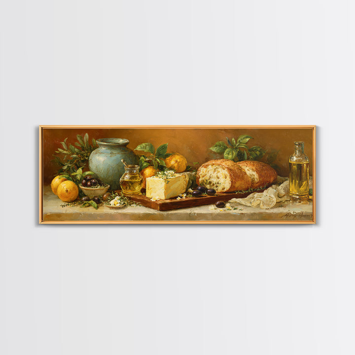 Mediterranean Olives Bread and Cheese Board Canvas Print, Restaurant Art, Watercolor Art, Restaurant Decor, Abstract Art, RES-3x1-25