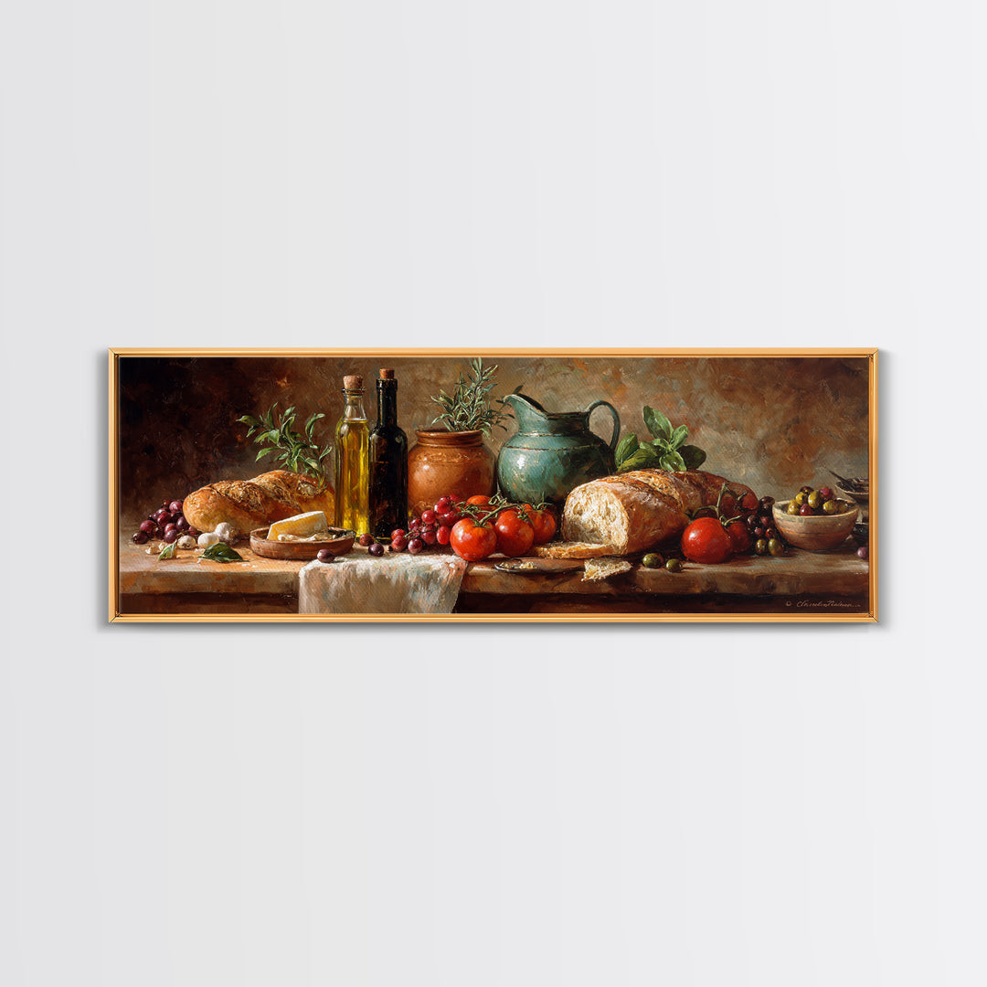 Mediterranean Olives Bread and Cheese Board Canvas Print, Restaurant Art, Watercolor Art, Restaurant Decor, Abstract Art, RES-3x1-49