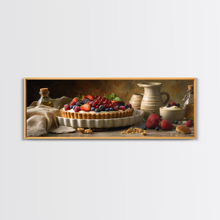 Dessert Tart with Berries and Cream Framed Canvas Print, Restaurant Art, Minimalist Decor, Restaurant Decor, Fine Art, Bistro, RES-3x1-56