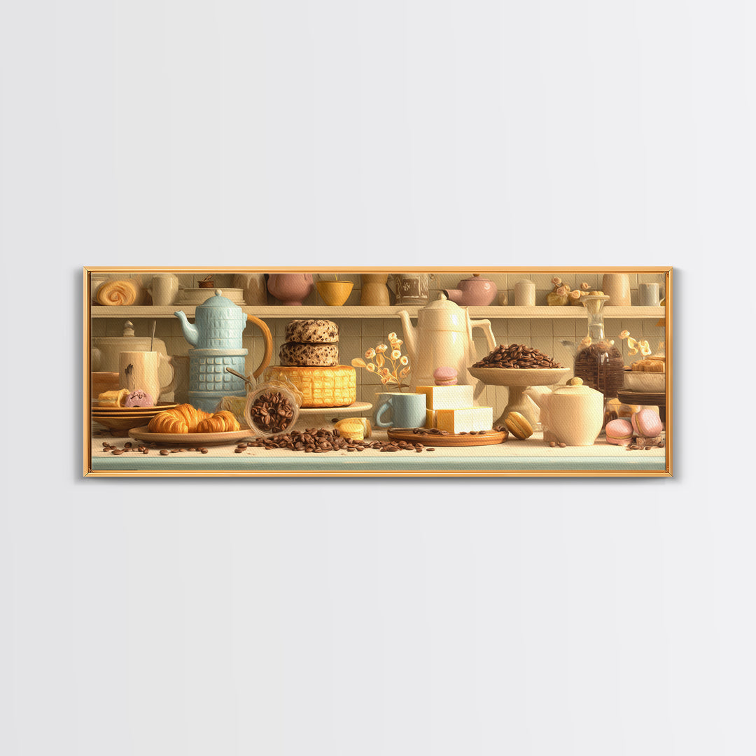 Coffee Beans and Pastry Arrangement Canvas Print, Restaurant Art, Boho Decor, Restaurant Decor, Oil Painting, Bistro, RES-3x1-62