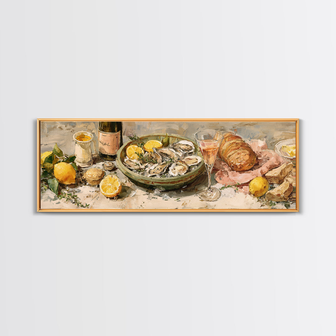 Oyster Platter with Lemons and Champagne Framed Canvas Print, Restaurant Art, Kitchen Wall Art, Restaurant Decor, Abstract Art, RES-3x1-67
