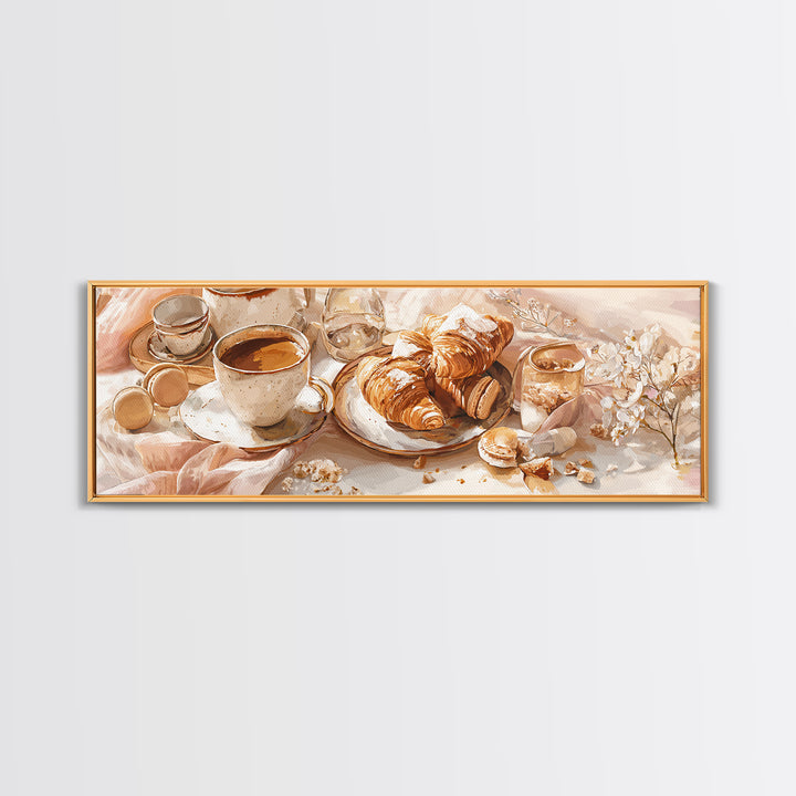 French Bistro Coffee and Croissant Still Life Canvas Print, Restaurant Art, Wall Art, Restaurant Decor, Oil Painting, Bistro, RES-3x1-70