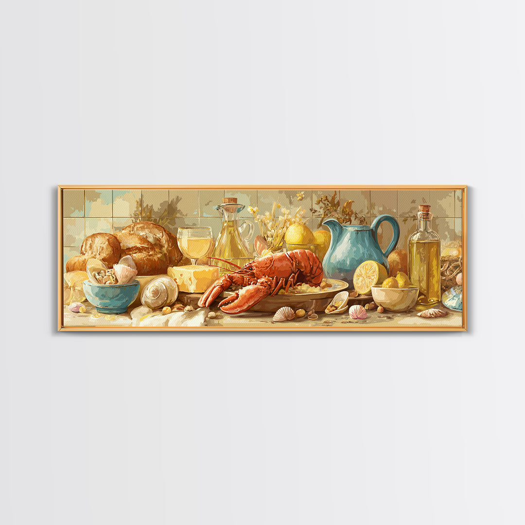 Seafood Lobster and Shell Arrangement Framed Canvas Print, Restaurant Art, Poster, Restaurant Decor, Fine Art, Bistro, RES-3x1-72