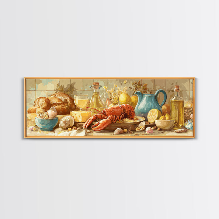 Seafood Lobster and Shell Arrangement Framed Canvas Print, Restaurant Art, Poster, Restaurant Decor, Fine Art, Bistro, RES-3x1-72