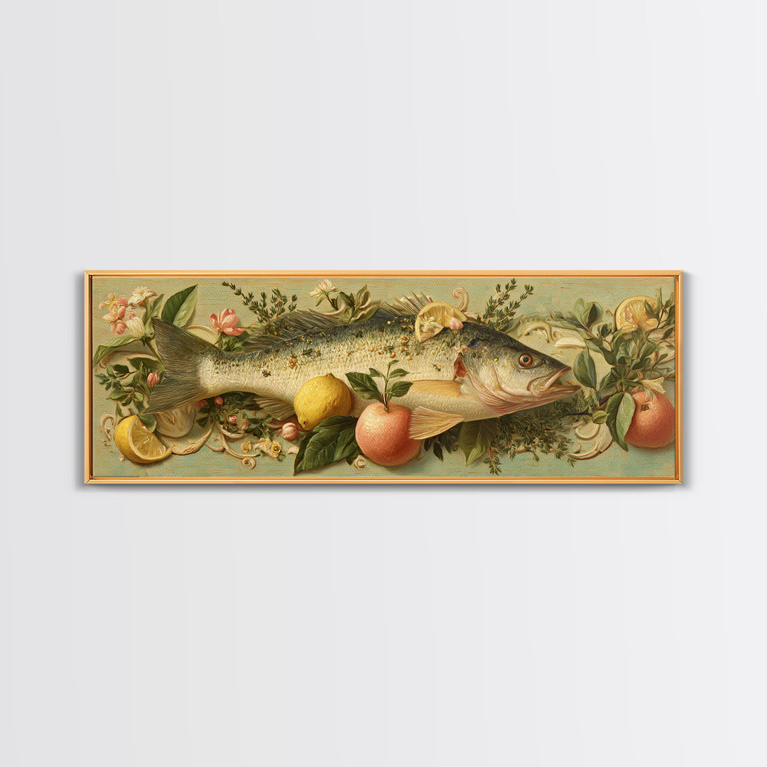 Fresh Fish with Lemon and Herbs Framed Canvas Print, Restaurant Art, Kitchen Decor, Restaurant Decor, Fine Art, Bistro, RES-3x1-87