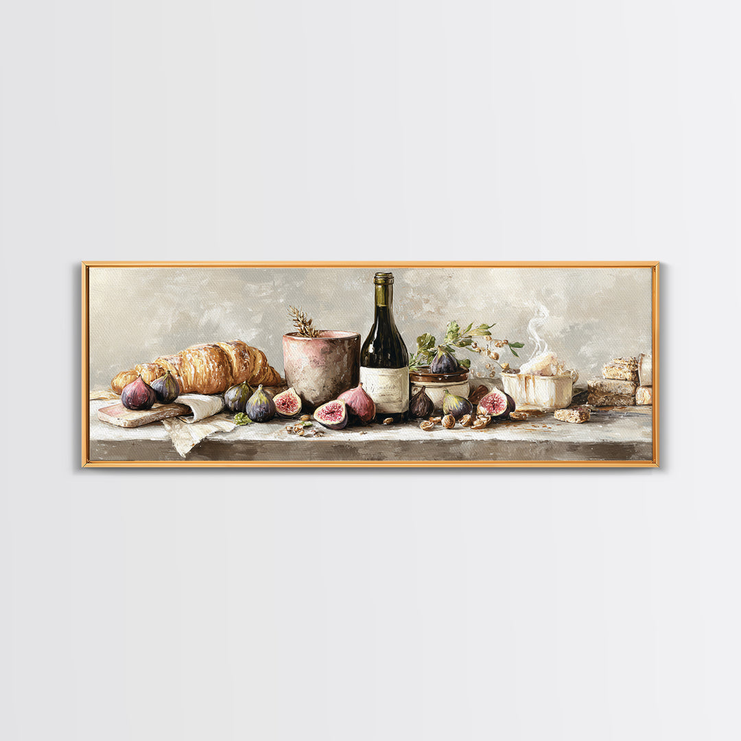 Wine Bottle and Figs Framed Canvas Print, Restaurant Art, Boho Decor, Restaurant Decor, Oil Painting, Bistro, RES-3x1-89